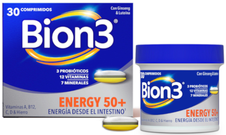 Bion3 Energy 50+ Multivitamínico con Probióticos, Vitamina B12 y C, Zinc y Hierro 30 Comprimidos