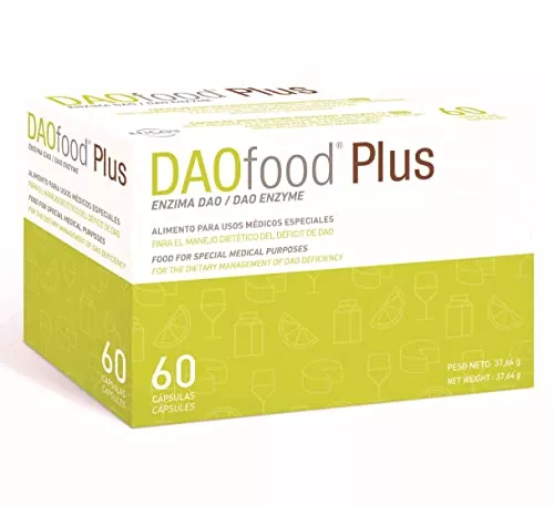 DAOfood Plus- Manejo del Déficit De DAO - Intolerancia a la histamina - Enzima DAO, Quercetina y Vitamina C - 60 Cápsulas Con Comprimidos Gastrorresistentes