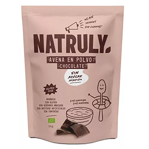 NATRULY Harina de Avena Sabor Chocolate, BIO Avena en Polvo Sin Azúcar, Sin Gluten, Instant Oatmeal para Batidos, Tortitas 1 KG