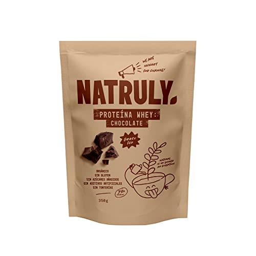 Proteína Whey Chocolate NATRULY 70% Proteína de Suero de Leche de Vacas de Pastoreo Sin Azúcar, 100% Natural, Sin Gluten –350g